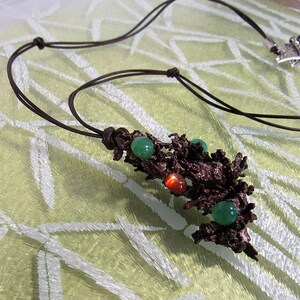 Lacy pendant of Native Copper from Arizona, Chrysoprase and Fire Agate gemstone cabochons, Brown Leather cord, Sterling Silver Leaf toggle