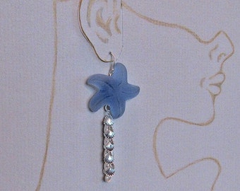 Sapphire Blue Starfish, Clusters of Silver Clam Shells Earrings with Sterling Silver French Ear Wires