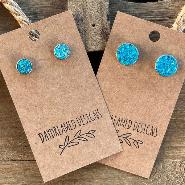 8mm or 12mm Acrylic Iridescent Turquoise Druzy Stud Earrings, Turquoise Earrings, Turquoise Studs, Stainless Steel Studs