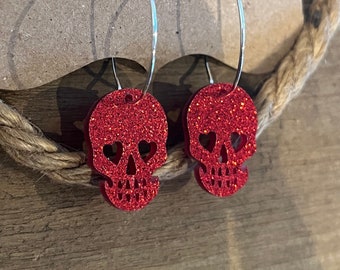 Acrylic Red Glitter Skull Hoop Earrings, Skull Earrings, Skeleton Earrings, Valentine’s Day Earrings, Red Earrings