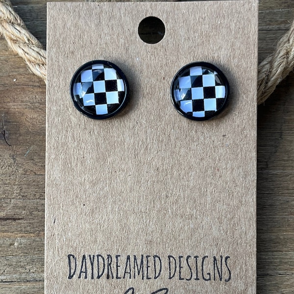 12mm black and white checkered Cabochon Studs, Black and White Checker Studs, Checker Studs