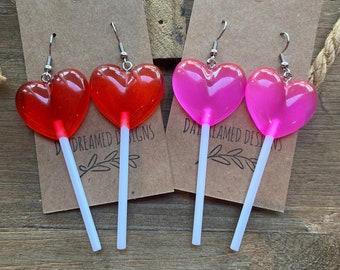 Valentine’s Day Heart Lollipop Earrings, Valentine’s Day Earrings, Valentine’s Day Suckers, Heart Earrings