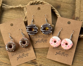 Donut Earrings , Strawberry Frosted Donut with Sprinkles Earrings, Pink Donut Earrings, Chocolate Donut Earrings