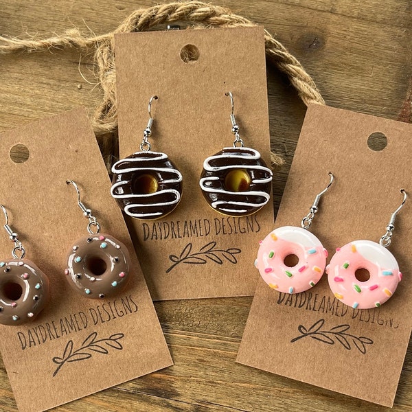 Donut Earrings , Strawberry Frosted Donut with Sprinkles Earrings, Pink Donut Earrings, Chocolate Donut Earrings