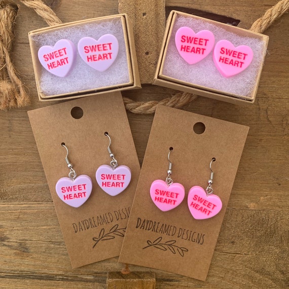 Sweetheart Valentines Conversation Candy Earrings, Valentines Candy Earrings,  Valentines Day Earrings, Heart Earrings, 