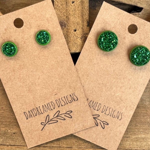 8mm or 12mm Green Resin Druzy Stud Earrings, Green Studs, Green Earrings, Resin Earrings, Druzy Earrings