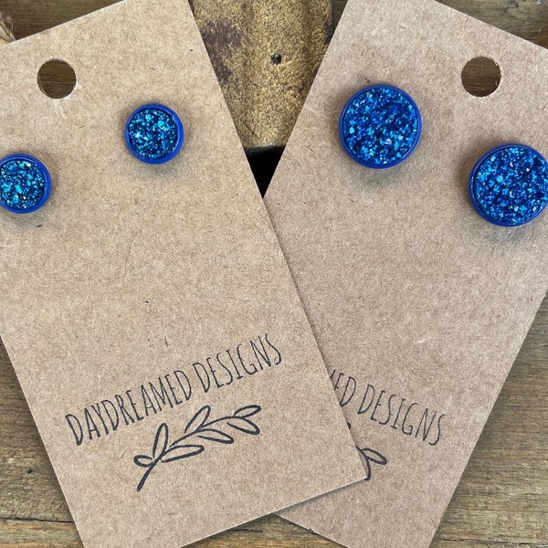 8mm or 12mm Glitter Royal Blue Druzy Stud Earrings, Royal Blue Studs,  Blue Earrings, Druzy Studs