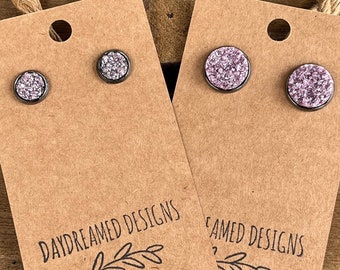 8mm or 12mm Baby Pink Glitter Acrylic Druzy Studs, Baby Pink Druzy Studs, Glitter Studs