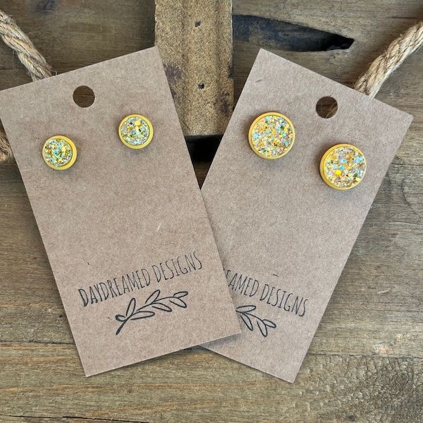 8mm or 12mm Iridescent Mustard Yellow Resin Druzy Stud Earrings, Druzy Studs, Mustard Yellow Earrings, Yellow Earrings