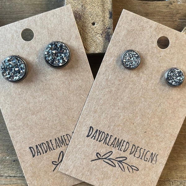 8mm or 12mm Gunmetal Acrylic Druzy Stud Earrings, Gunmetal Earrings, Gunmetal Studs