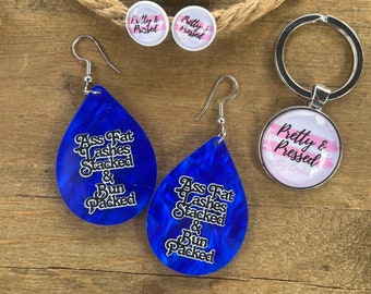 Mama Cookie Merch, Pretty and Pressed Earrings, Pretty and Pressed Keychain, Funny Earrings, Blue Earrings