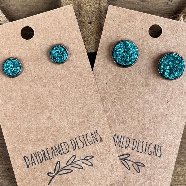 8mm or 12mm Acrylic Turquoise Glitter Druzy with Gunmetal Setting Stud Earrings, Turquoise Studs, Turquoise Druzy Studs, Faux Gauges