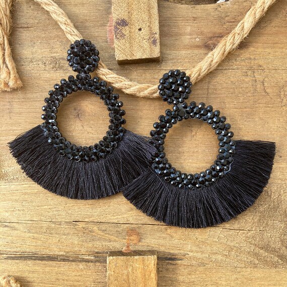 Black Rhinestone Tassel Earrings Black Tassel Earrings Black Etsy