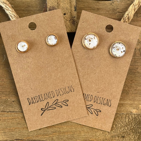 8mm or 12mm Resin White and Gold Foil Stud Earrings, White and Gold Studs, White Studs