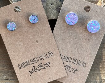 8mm or 12mm Acrylic Iridescent Lavender Purple Druzy Studs, Faux Druzy in Stainless Steel Setting Studs, Purple Studs, Lavender Studs