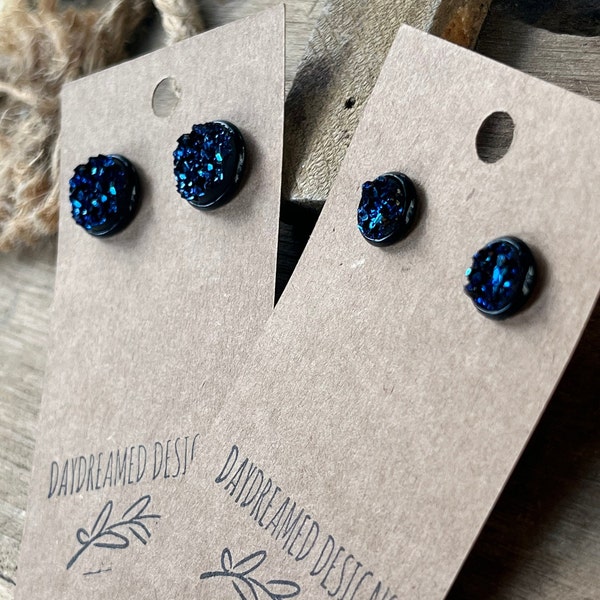 8mm or 12mm Navy Blue and Black Acrylic Druzy Stud Earrings