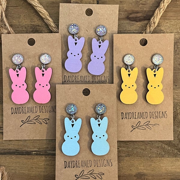 1 1/2 Inch Wood Bunny Peeps with Faux Druzy Stud Earrings, Easter Earrings, Peep Earrings, Bunny Earrings, Easter Bunny Earrings
