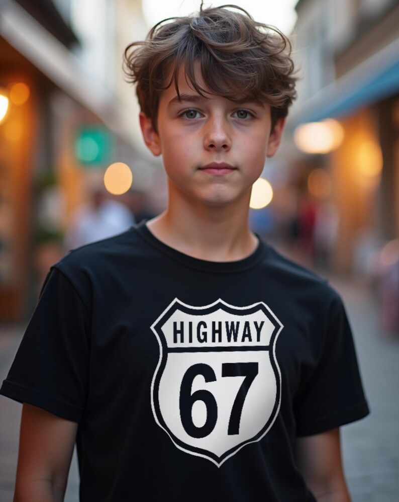 May include: A person wearing a black t-shirt featuring a white graphic of a highway sign with the text "HIGHWAY 67". The person has brown hair and is looking at the camera. The background is blurred, with warm tones.