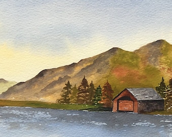 Ullswater watercolour painting, Lake District mountain art, Glenridding panoramic picture, Hartsop landscape view