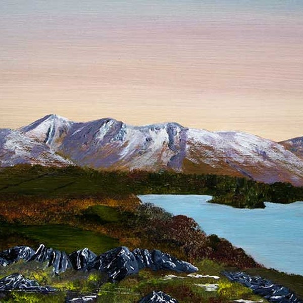 Original Mountain Landscape Oil painting of Skiddaw from Catbells in Winter, a Lake District  contemporary panoramic art gift