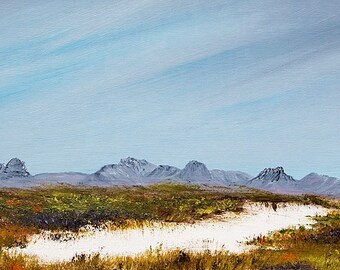 Original panoramic oil painting, contemporary landscape mountain art, unframed picture, Assynt, Scottish Highlands gift