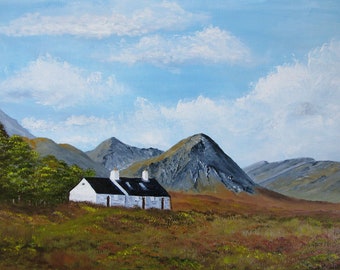 Blackrock Cottage, Glencoe, with Buachaille Etive Mor, Scottish limited edition print of my oil painting, gift for walker, mountaineer