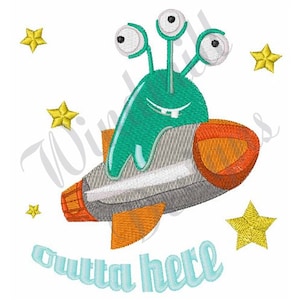 May include: A green alien with three eyes is flying in a rocket ship. The rocket ship is orange and gray. The alien is smiling and has a toothy grin. The background is white with yellow stars.