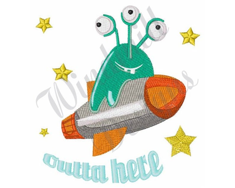 May include: A green alien with three eyes is flying in a rocket ship. The rocket ship is orange and gray. The alien is smiling and has a toothy grin. The background is white with yellow stars.