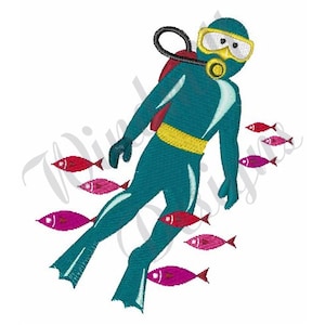May include: A teal scuba diver with a yellow belt and red scuba tank is swimming with a school of pink and red fish.