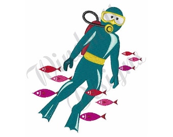 May include: A teal scuba diver with a yellow belt and red scuba tank is swimming with a school of pink and red fish.
