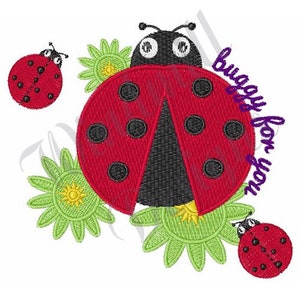 May include: Red and black ladybug with black spots surrounded by green flowers with yellow centers. The text "bugs for you" is written in purple on the right side of the image.