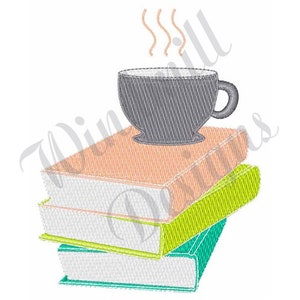 May include: A stack of four books with a gray coffee cup on top. The books are in shades of peach, white, green, and teal.