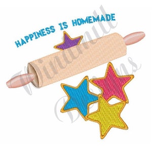 May include: A rolling pin with the text "Happiness is Homemade" and three star-shaped cookies in blue, yellow, and pink.