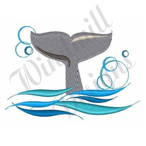 May include: A grey whale tail with a white underside, splashing in blue water with swirling bubbles.