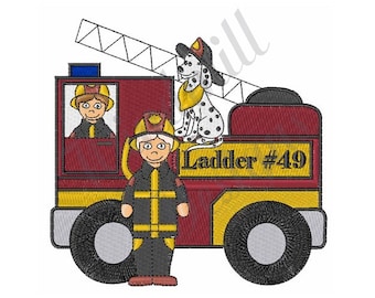 Op de afbeelding: Een rode brandweerwagen met een gele ladder, een brandweerman in een zwart-geel uniform en een dalmatiër met een rode hoed. De brandweerwagen heeft de tekst "Ladder #49" op de zijkant.