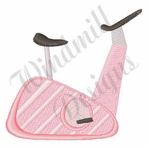 May include: Pink stationary exercise bike with a black seat and handlebars. The bike has a striped pattern.