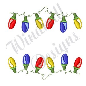 May include: A string of Christmas lights with red, blue, yellow, and green bulbs. The lights are strung together with a green wire.