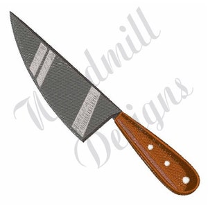 Peut inclure: Un couteau de cuisine gris avec un manche en bois brun. Le couteau a une lame argentée avec une bande blanche au centre.