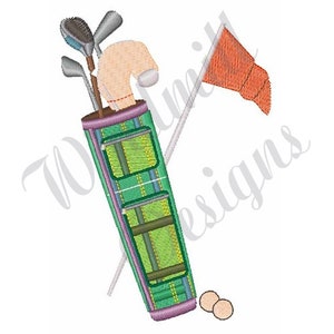 May include: A green and brown golf bag with a set of golf clubs and a golf flag. There are two white golf balls on the ground.
