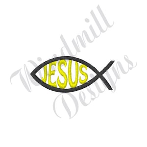 May include: A black and yellow embroidered design of a fish with the word "JESUS" inside.