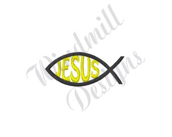 Puede incluir: Un diseño bordado de un pez con la palabra "JESUS" en su interior, en negro y amarillo.