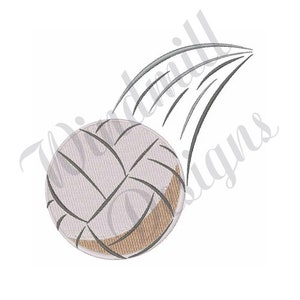 May include: A brown and white volleyball with black stitching is shown in mid-air, as if it has just been served. The ball is in motion, with a gray line showing the trajectory of its flight.