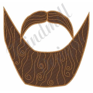 Puede incluir: Un diseño de barba marrón con bigote, con una textura bordada detallada. La barba tiene una forma curva con patrones arremolinados y está delineada en un color marrón más claro. El diseño está sobre un fondo blanco.