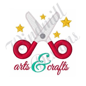 May include: Red scissors with a white handle and four yellow stars around them. The text "arts & crafts" is written below the scissors in red and teal.