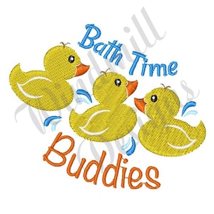 May include: Three yellow rubber duckies with orange beaks and blue eyes, with the text "Bath Time Buddies" in orange and blue.