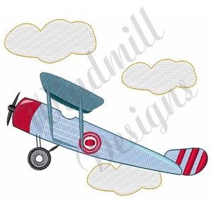 May include: An embroidered design of a biplane in flight, featuring a red nose and tail stripes, a blue body and wings, and a propeller. The plane is surrounded by three white clouds with gold outlines.