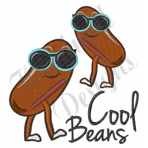 May include: Two brown beans wearing blue sunglasses with the text "Cool Beans" below them.