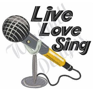 May include: A black microphone on a stand with a yellow body and a silver base. The text "Live Love Sing" is written in black above the microphone.
