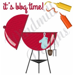 May include: It's BBQ time! Red and black grill with a lid open, a blue oven mitt, a spatula, and a fork. A yellow mustard bottle and a red ketchup bottle are pouring their contents.
