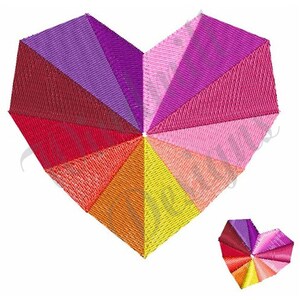 Peut inclure: Un motif en forme de cœur coloré avec un schéma de couleurs arc-en-ciel. Le cœur est composé de nombreux petits triangles, chacun d'une nuance différente de rouge, orange, jaune, vert, bleu, indigo et violet.